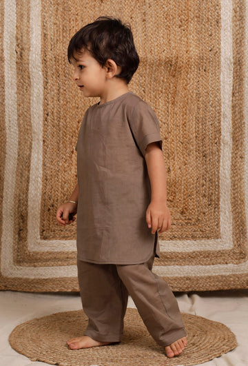 Set Of 2: Light Brown Mul Mul Kurta With Light Brown Mul Mul Pant
